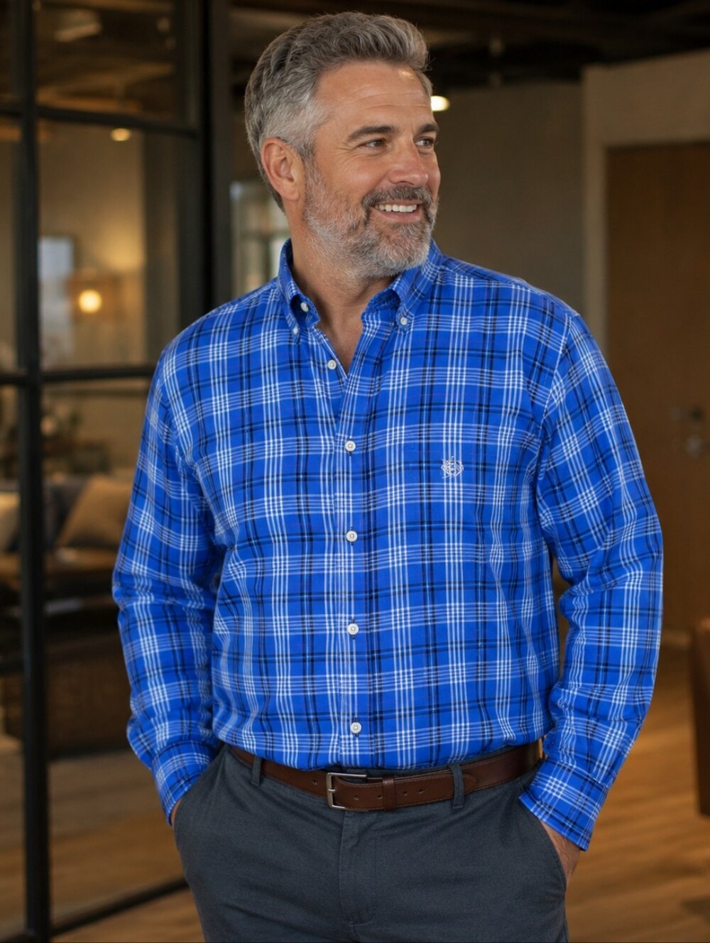 Chaps Button Down Shirt XXL Blue Black White Plaid Long Sleeve Easy Care Twill